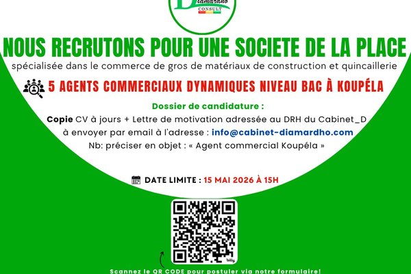 RECRUTEMENTS cinq (05) Agents  Commerciaux pour le compte d’une société industrielle au Burkina